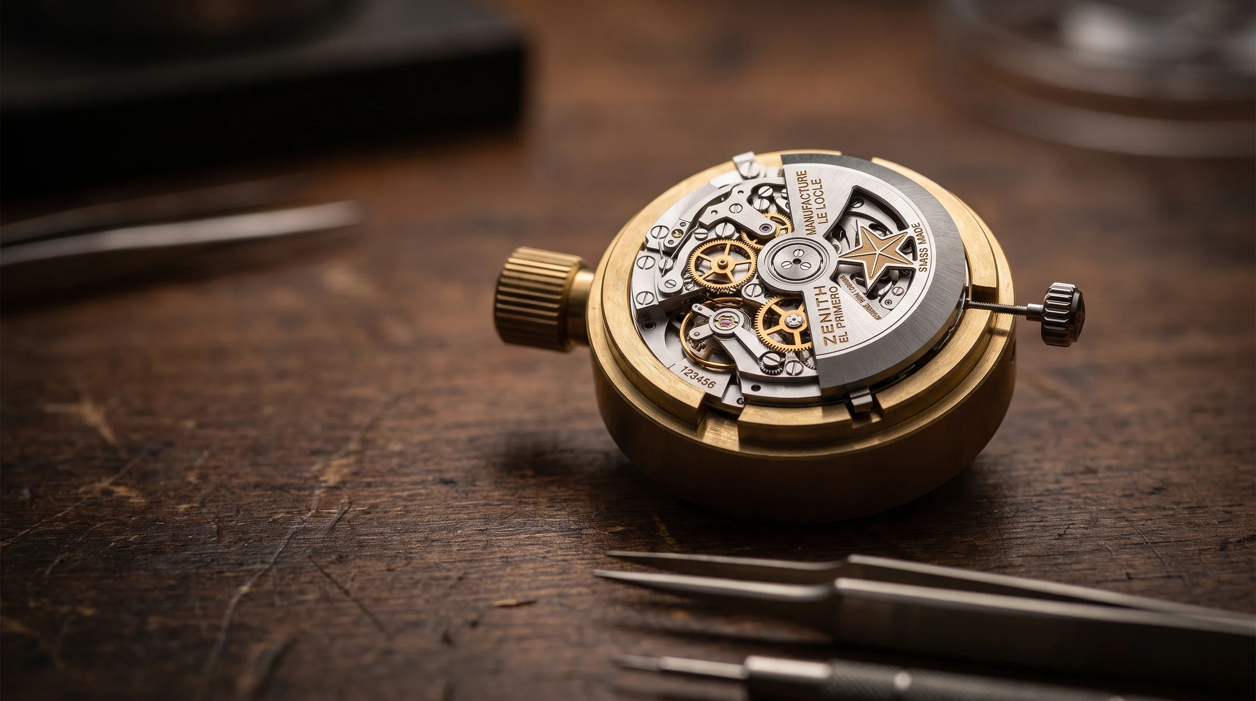 Zenith El Primero chronograph movement showing the column wheel that controls start, stop, and reset
