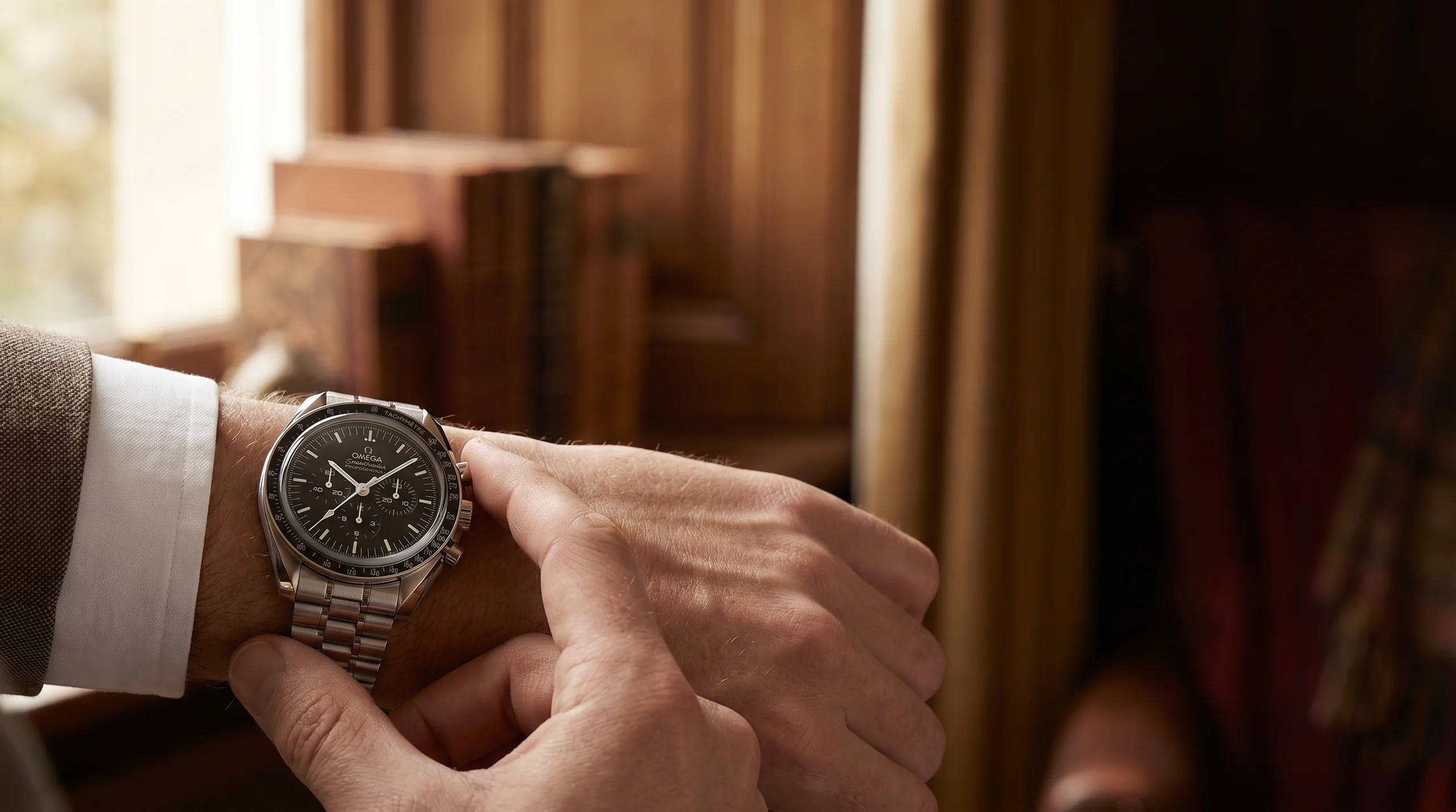 A thumb pressing the chronograph pusher on a Speedmaster to start the timer, showing how a chronograph works
