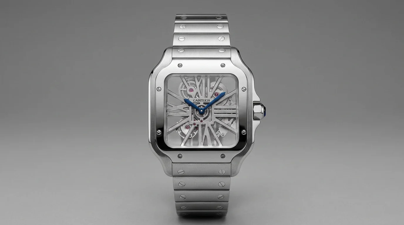 Cartier Santos skeleton watch with openworked Roman numeral movement bridges forming the dial