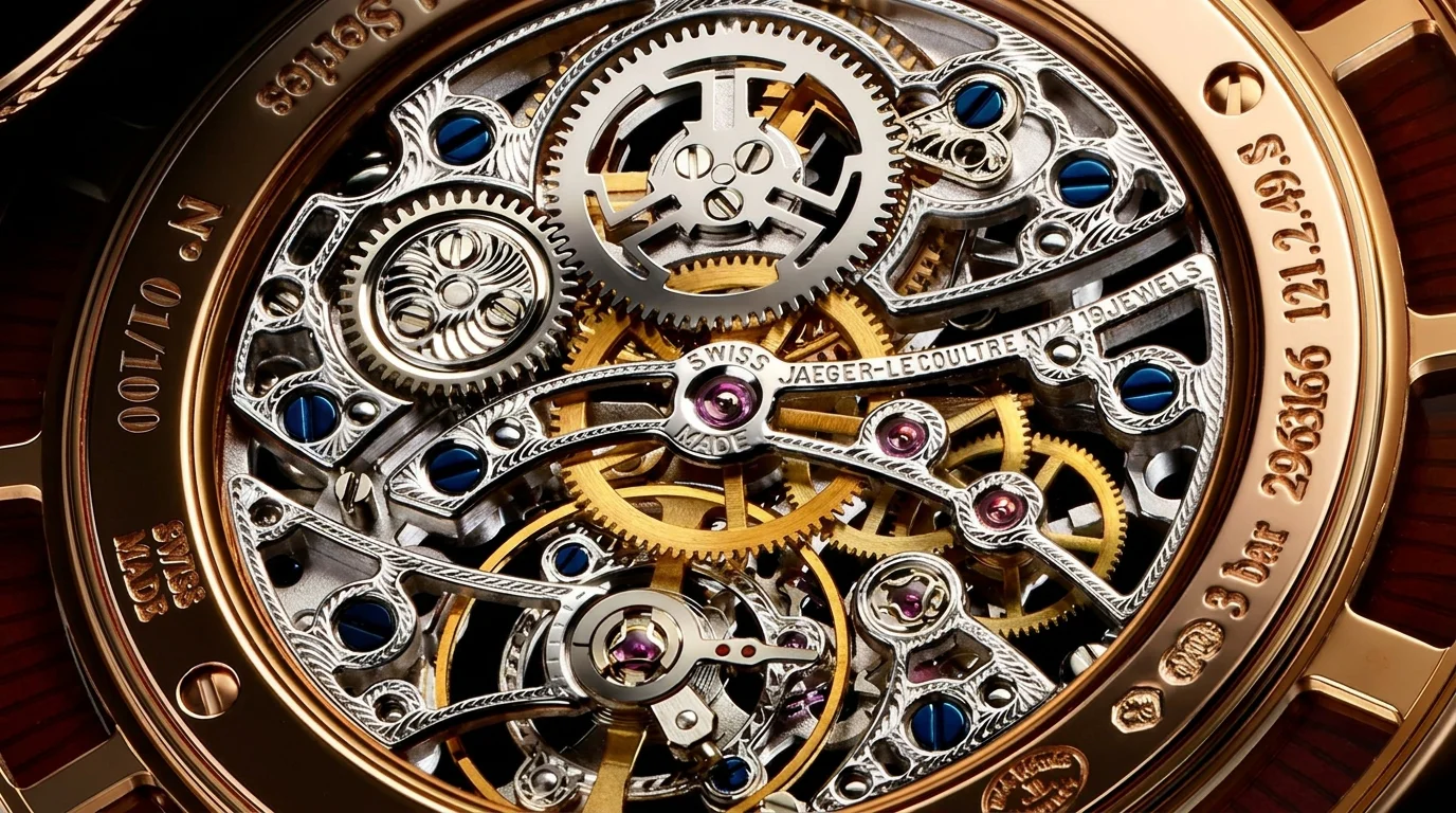 Macro of a hand-engraved skeletonized watch movement showing openworked bridges and gear trains