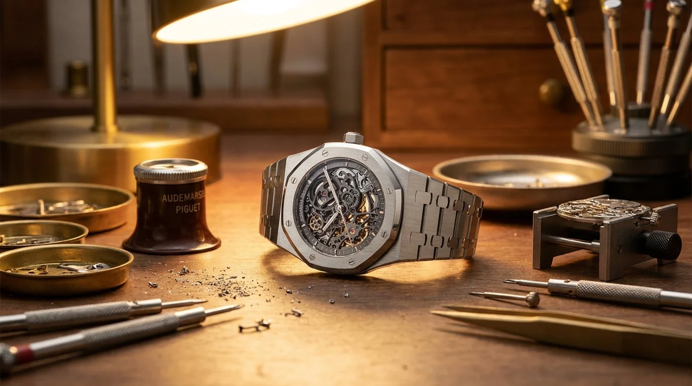 Skeleton watch on a watchmaker's bench with loupe and hand tools used to build openworked movements