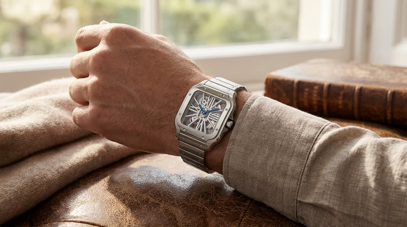 Cartier Santos skeleton watch worn on the wrist, showing the openworked dial in natural light