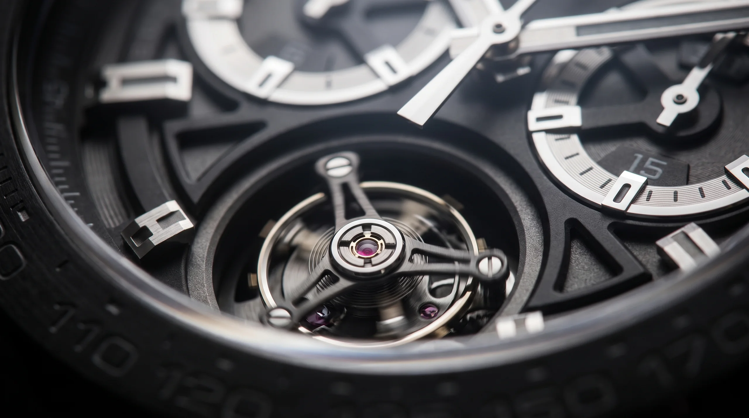 Macro of a rotating tourbillon cage holding the balance and escapement, the mechanism explained