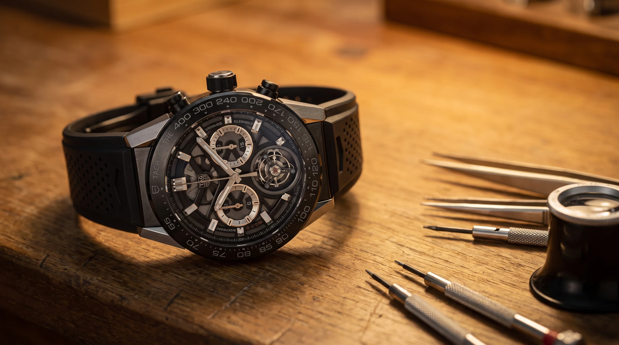 A tourbillon watch on a watchmaker's bench, the hand-built complication that signals craft