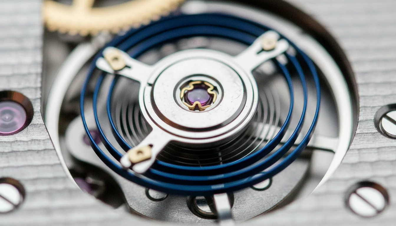 A watch balance wheel and hairspring, the oscillator the escapement regulates