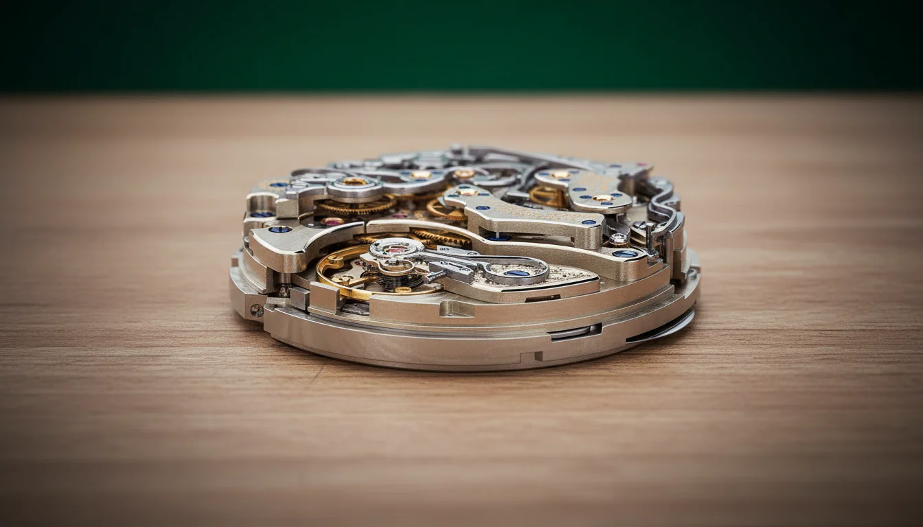 A watch movement with the escapement and balance area in focus
