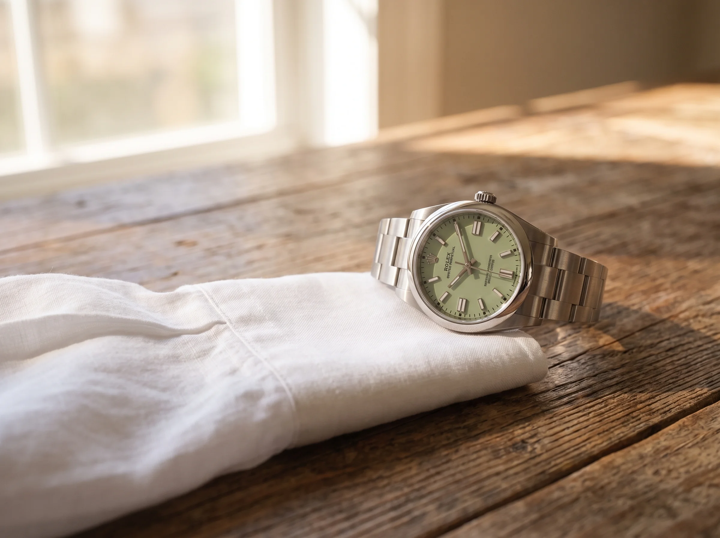 A Rolex Oyster Perpetual resting on a folded white linen shirt cuff, showing watch scale and fit