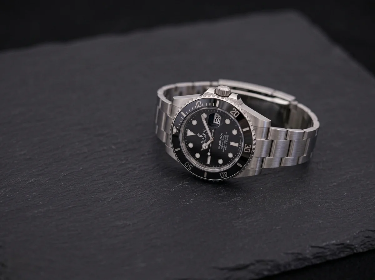 A large 41mm Rolex Submariner in steel on dark slate, representing a larger, sportier watch size