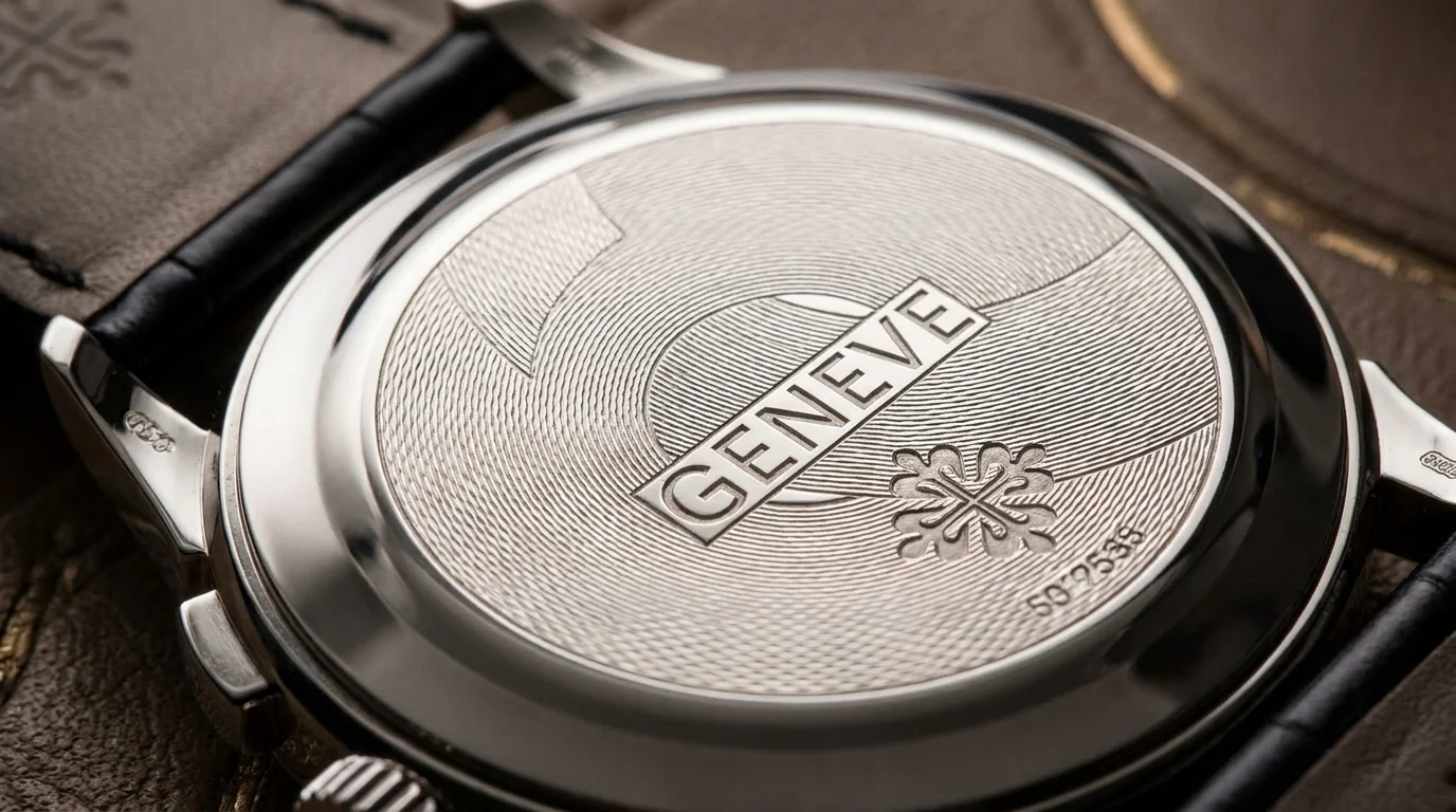 Macro view of an engraved watch case back with Geneve hallmark and engine-turned decoration.