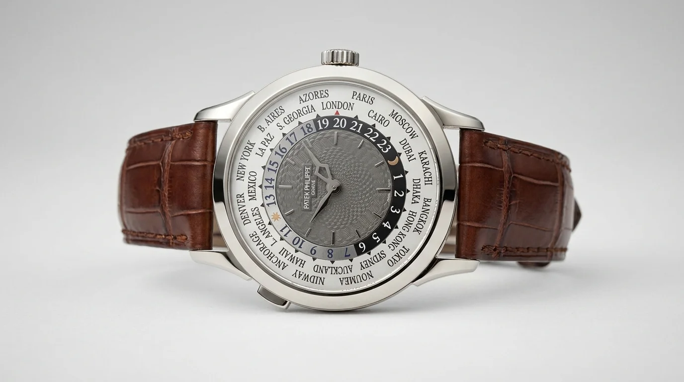 Patek Philippe style world time watch dial showing the rotating 24-hour ring and city ring with a gray dial center.
