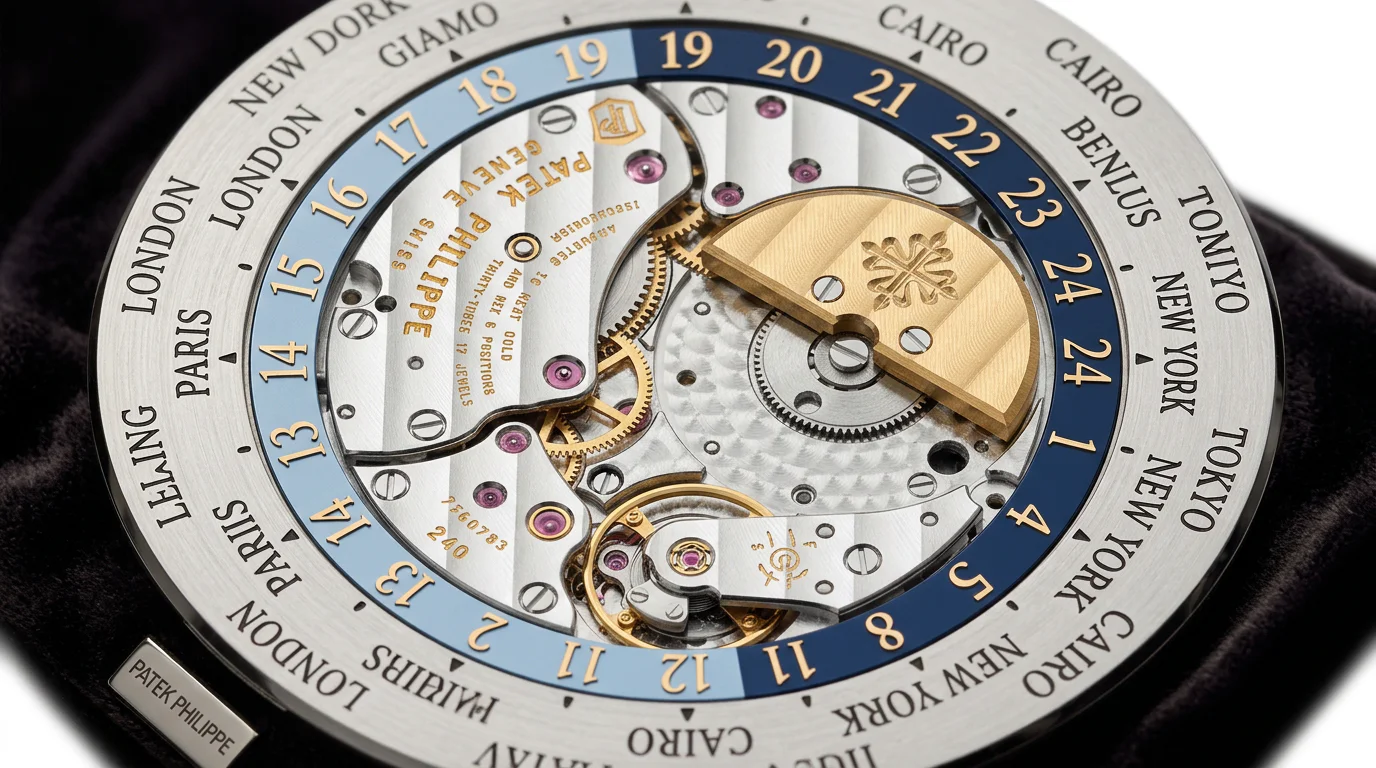 Macro view of a world time watch movement showing the 24-hour ring gear train and city disc mechanism.