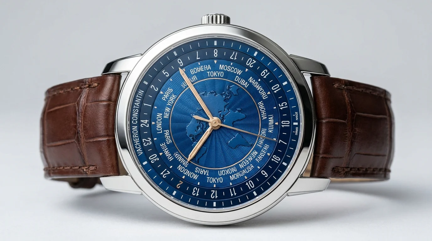 Vacheron Constantin style world time watch dial with blue enamel guilloche map and rotating city ring.