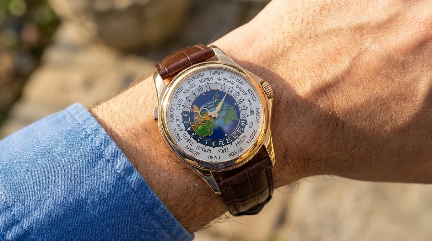 World time watch worn on the wrist showing the rotating city ring and central hour hand.
