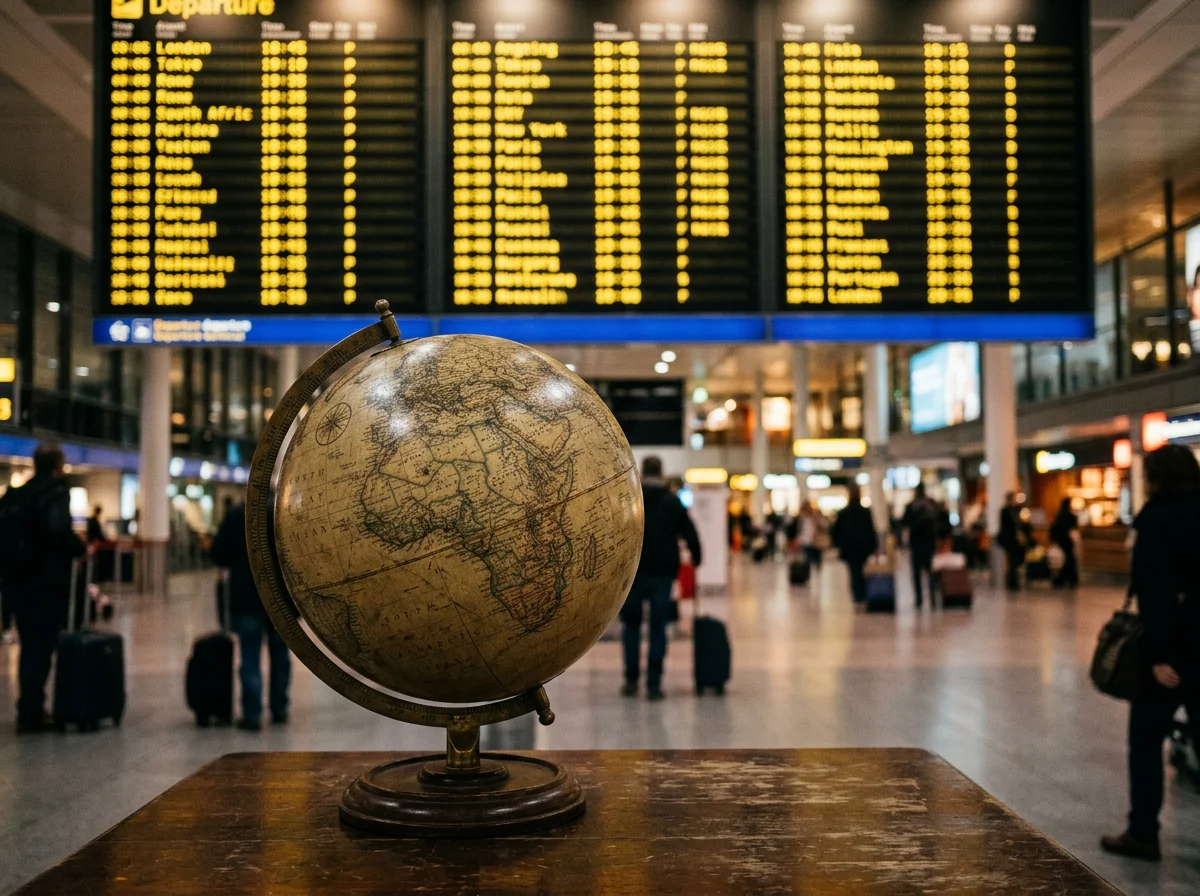 A vintage brass globe with a blurred airport departure board behind