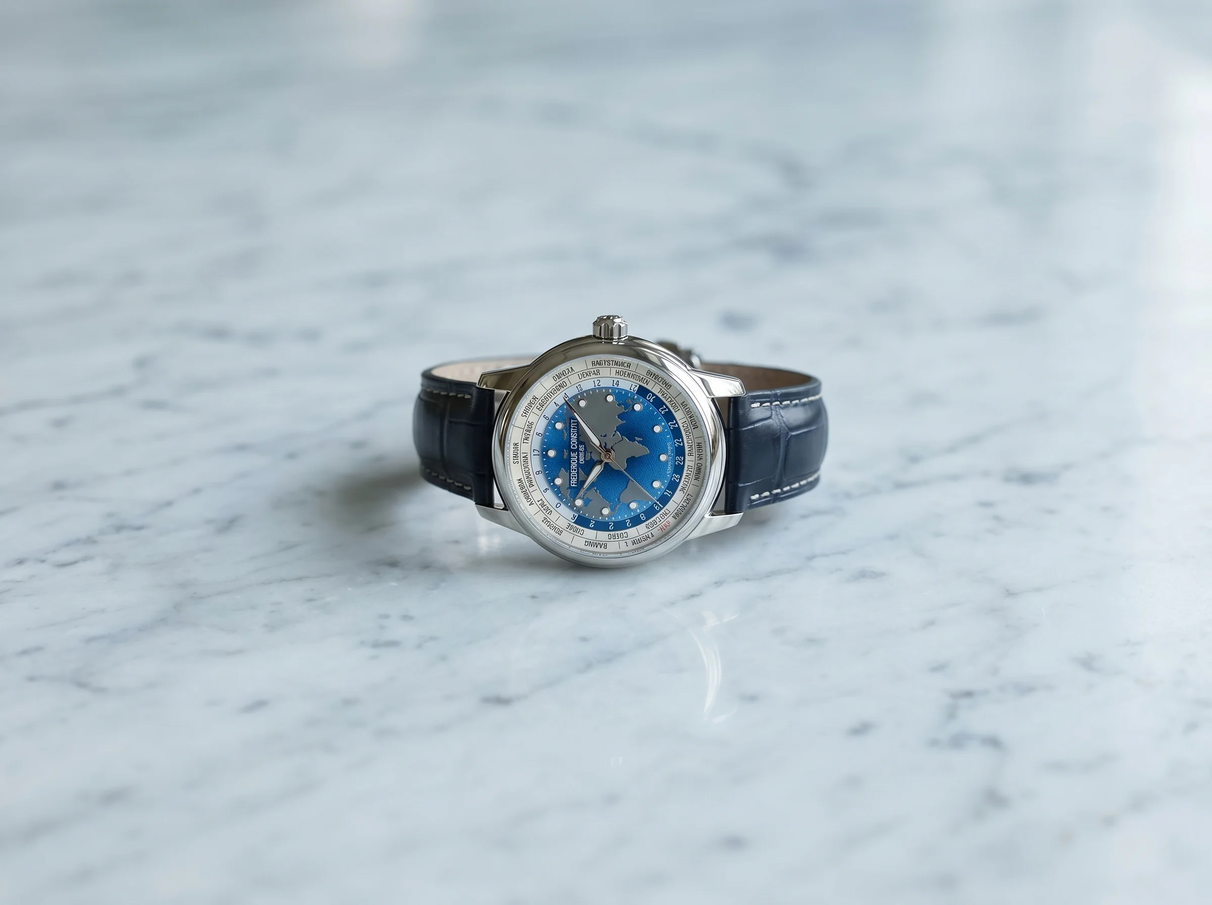 World time watch with a blue dial, central world map, city ring and 24-hour ring on marble