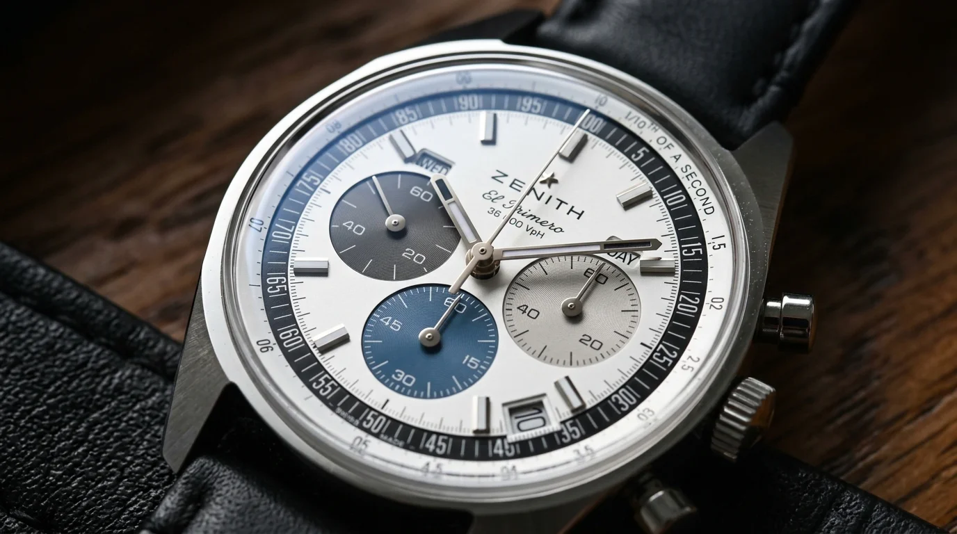 Macro shot of the Zenith Chronomaster Original tri color panda dial with El Primero branding