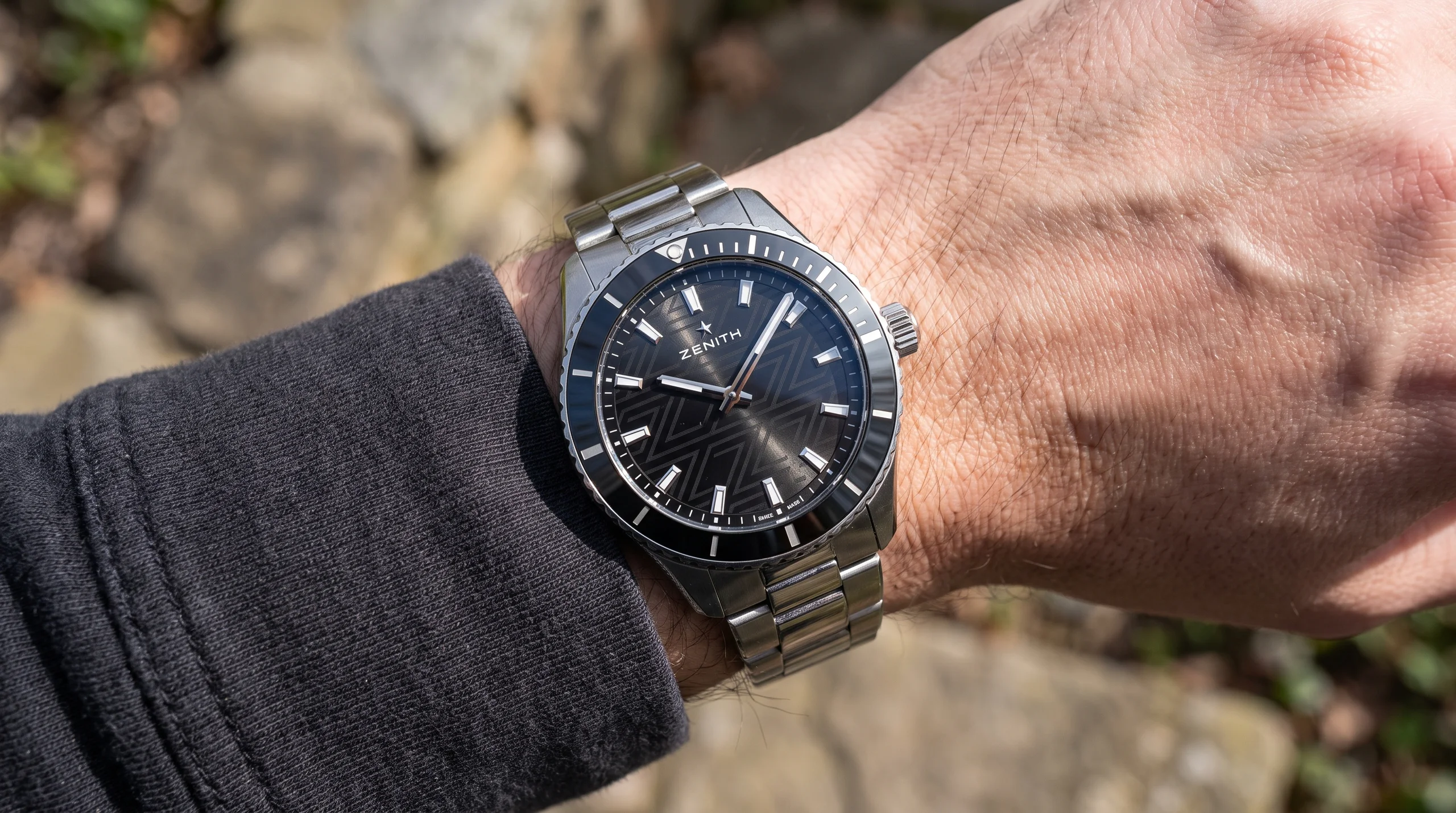 Zenith Chronomaster Solo Sport black ceramic no-date dial worn on the wrist