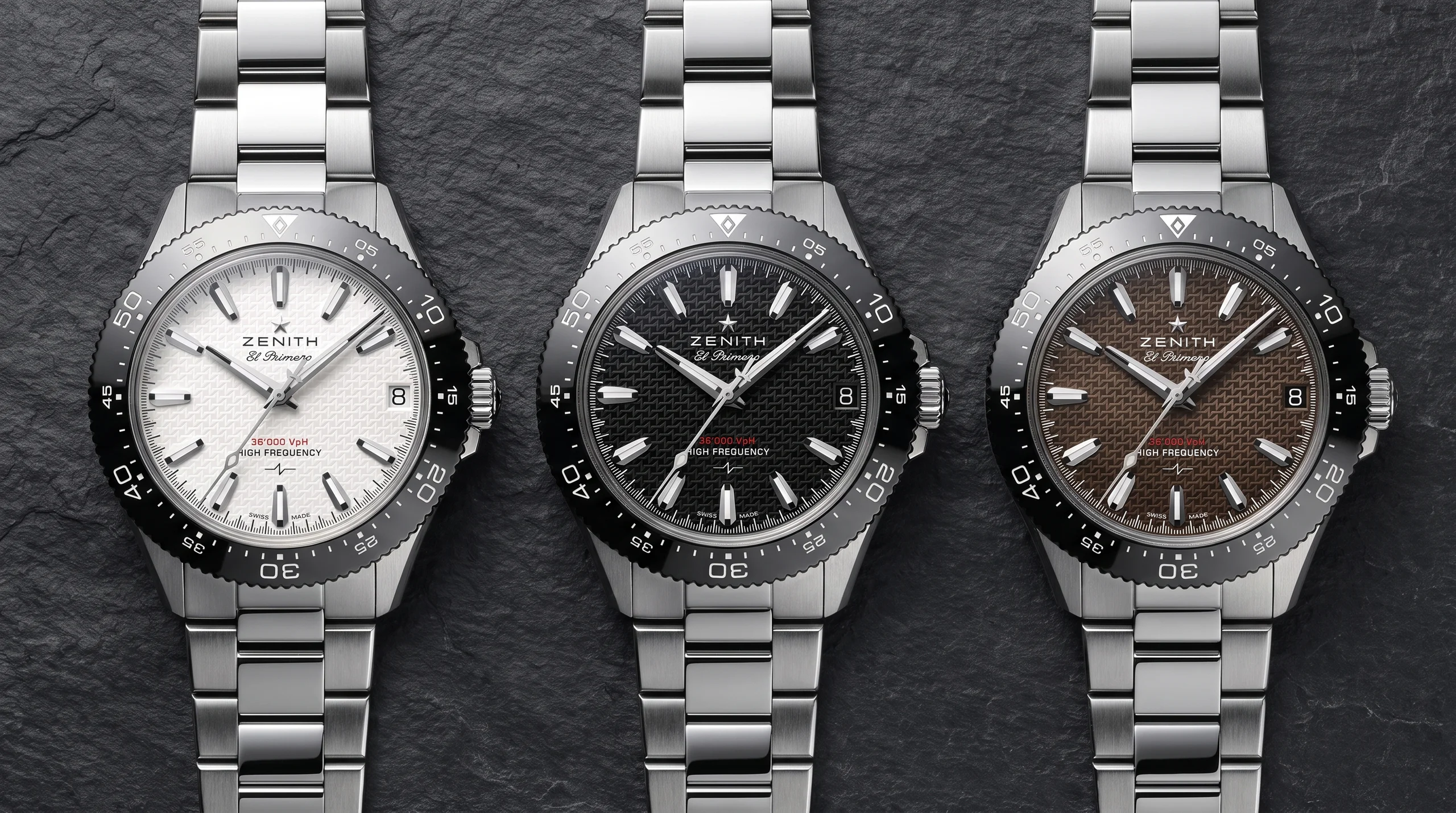Zenith Chronomaster Solo Sport white, black, and brown ceramic dial versions side by side