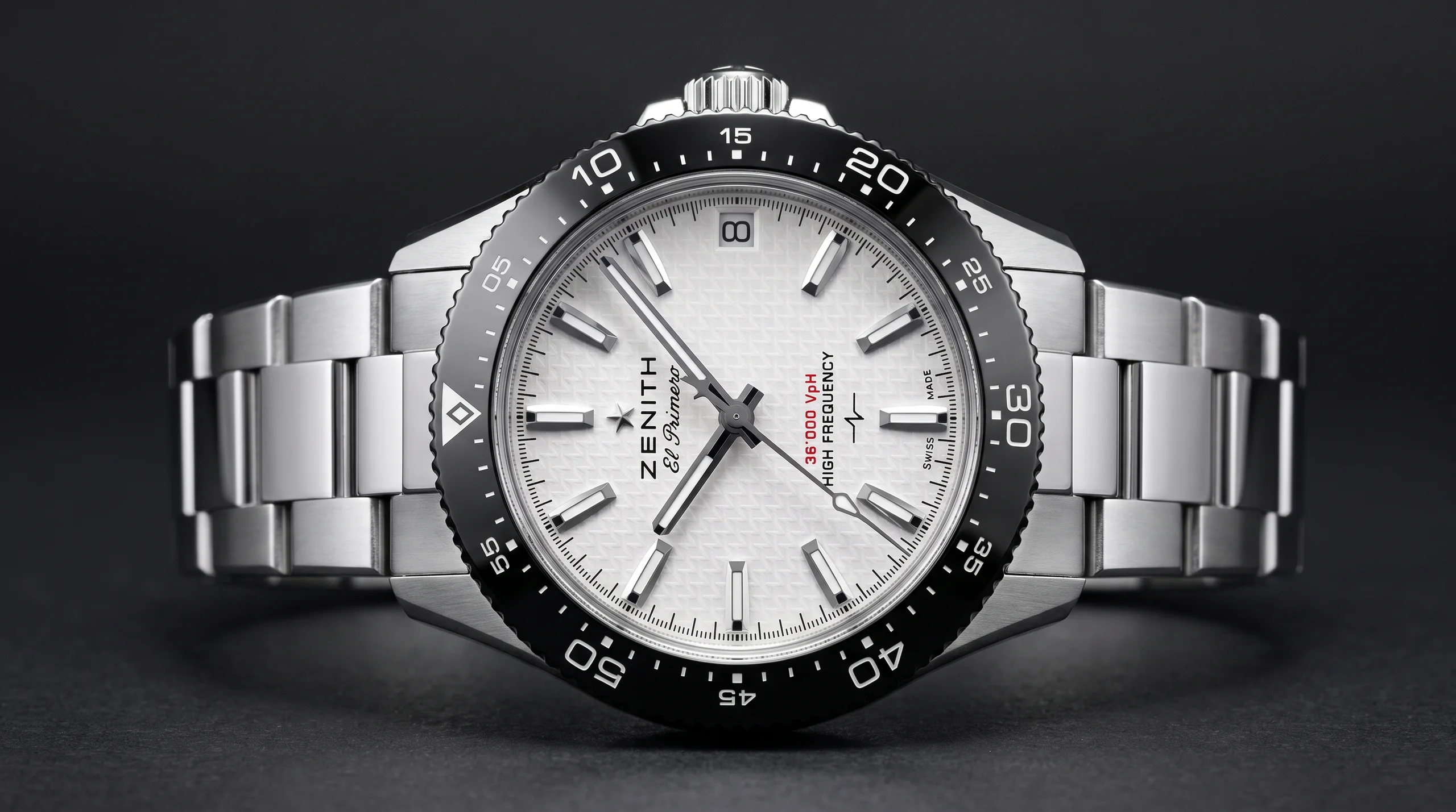 Zenith Chronomaster Solo Sport white ceramic dial with 36'000 VpH high frequency text and Z-pattern motif
