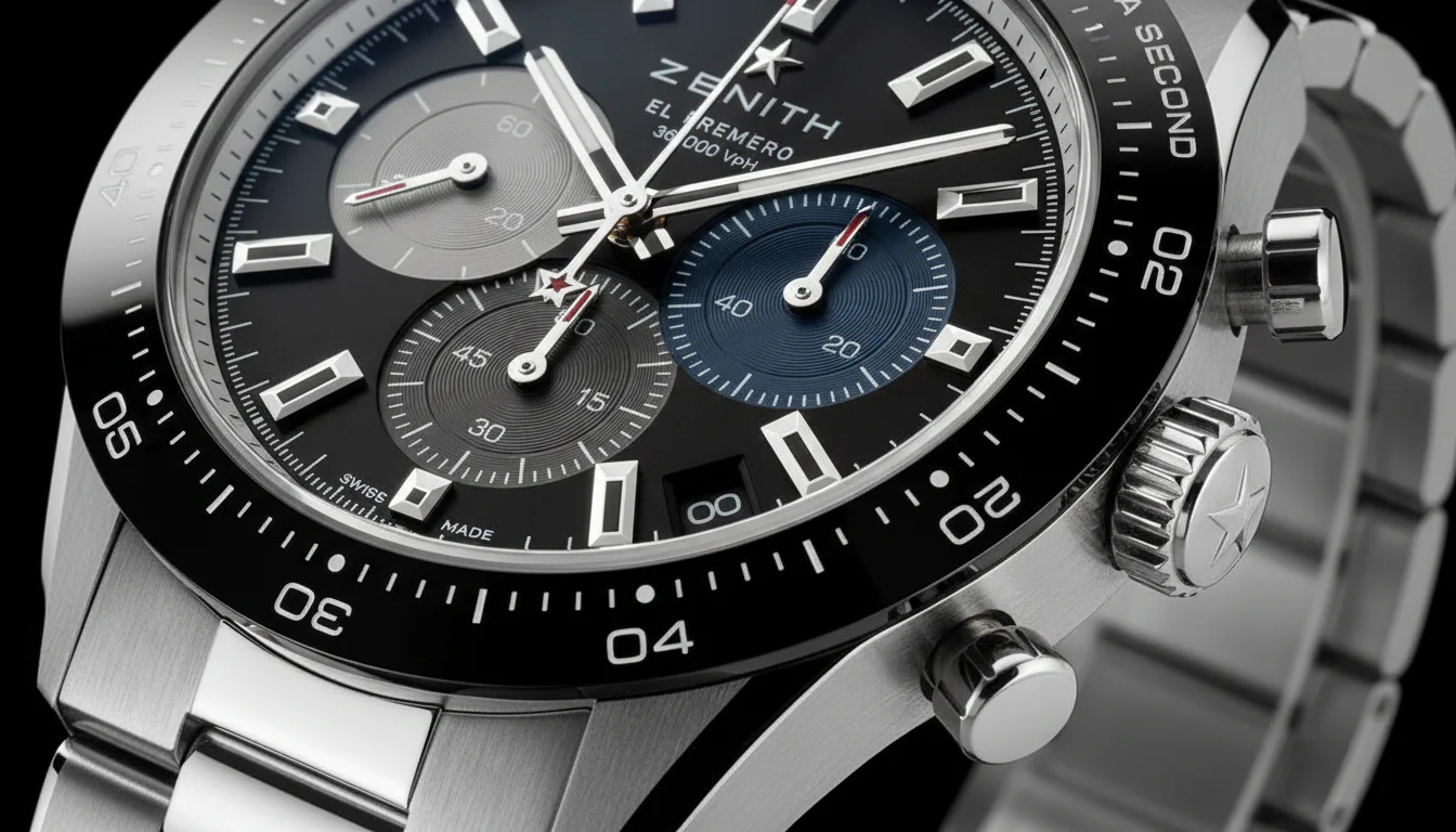 Macro shot of the Zenith Chronomaster Sport black dial with tri-color chronograph subdials