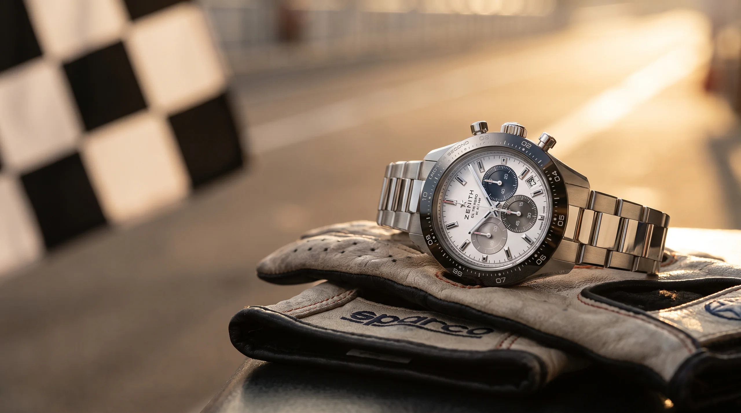 Zenith Chronomaster Sport on a racing glove with a checkered flag