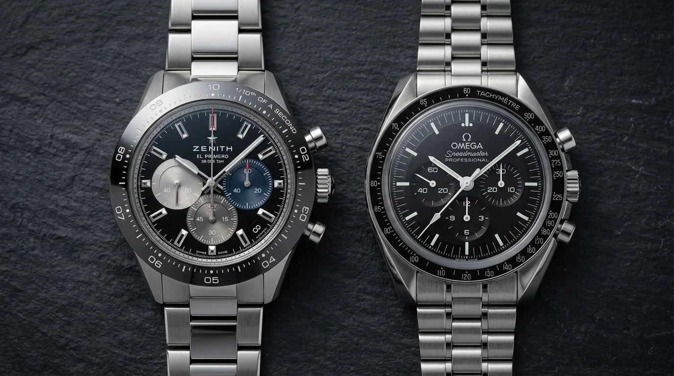 Zenith Chronomaster Sport and Omega Speedmaster Professional side by side on a studio surface