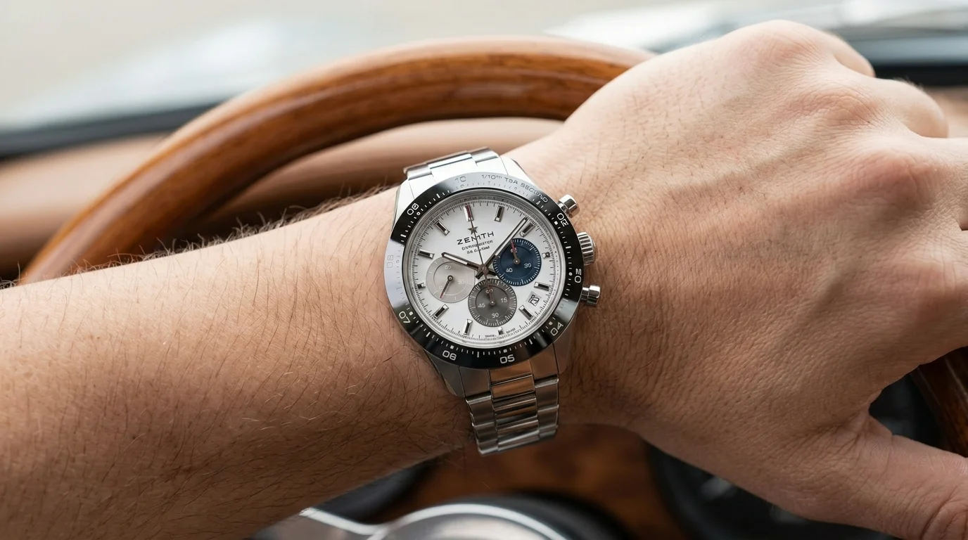 Zenith Chronomaster Sport worn on the wrist at a car steering wheel, correct left-wrist orientation