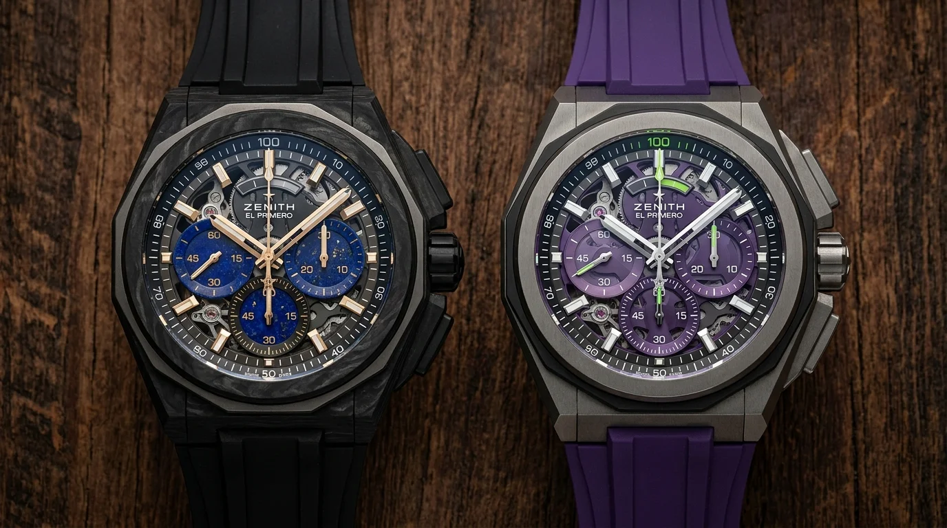 Zenith Defy Extreme Lapis Lazuli II and Zenith Defy Extreme Ultraviolet side by side, showing the lapis lazuli blue dial and violet sapphire dial