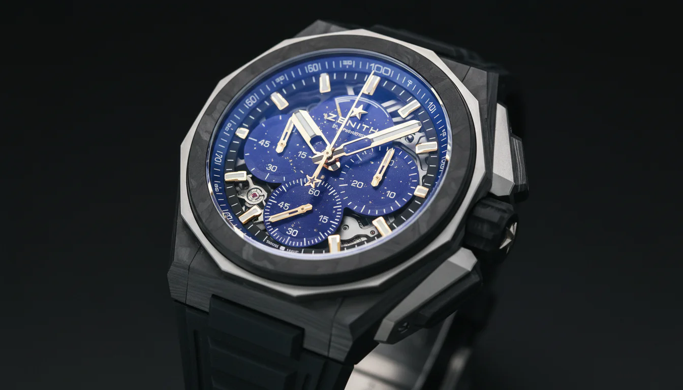 Close-up of the Zenith Defy Extreme Lapis Lazuli II dial showing natural lapis lazuli stone with pyrite inclusions and gold-plated markers