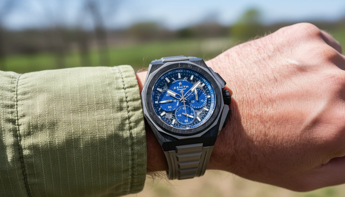 Zenith Defy Extreme Lapis Lazuli II worn on the wrist, showing the 45mm forged carbon and titanium case