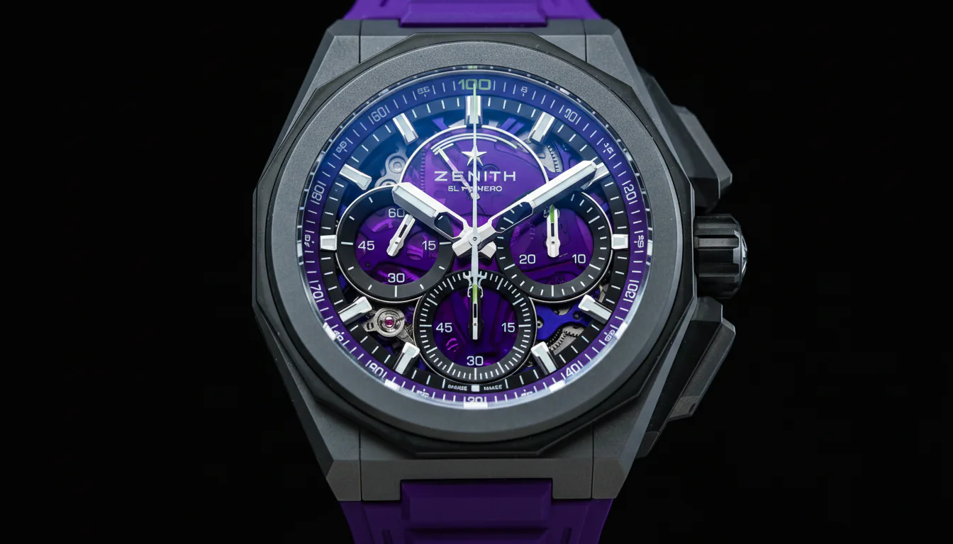 Close-up of the Zenith Defy Extreme Ultraviolet dial showing the violet-tinted sapphire construction and skeletonized El Primero 9004 movement