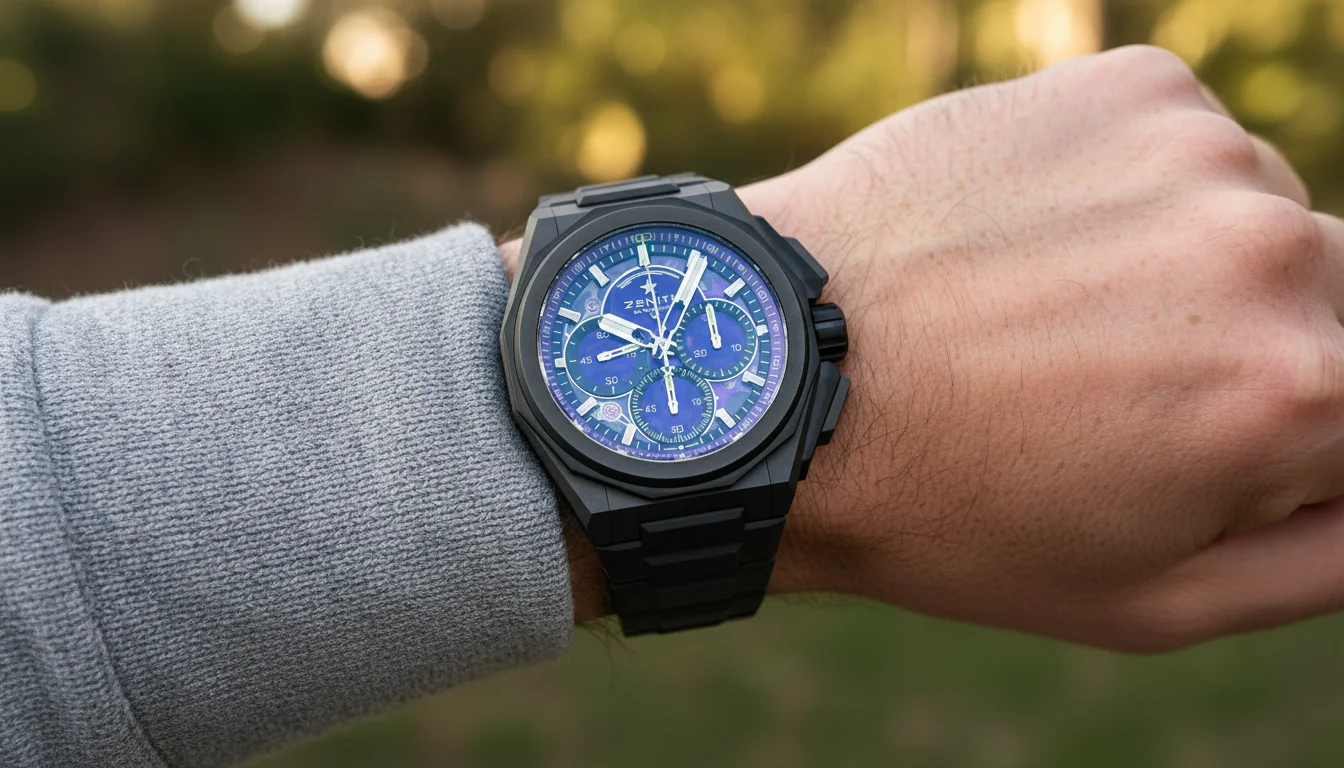 Zenith Defy Extreme Ultraviolet worn on the wrist, showing the 45mm microblasted titanium case