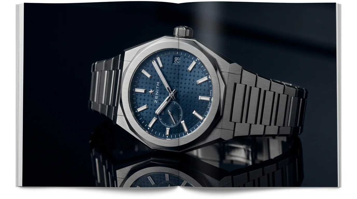 Zenith Defy Skyline editorial photograph showing the octagonal faceted bezel and integrated bracelet