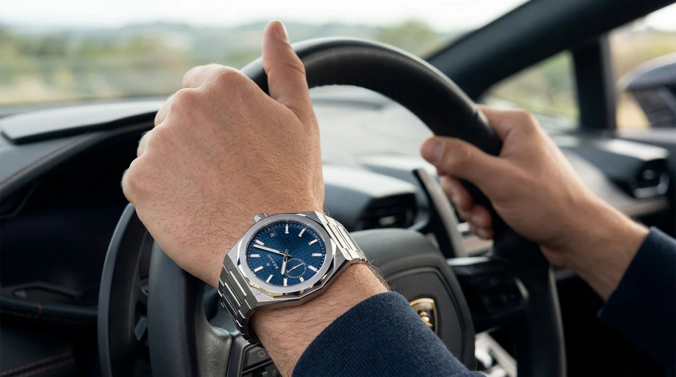 Zenith Defy Skyline worn on the wrist resting on a car steering wheel, correct left-wrist orientation