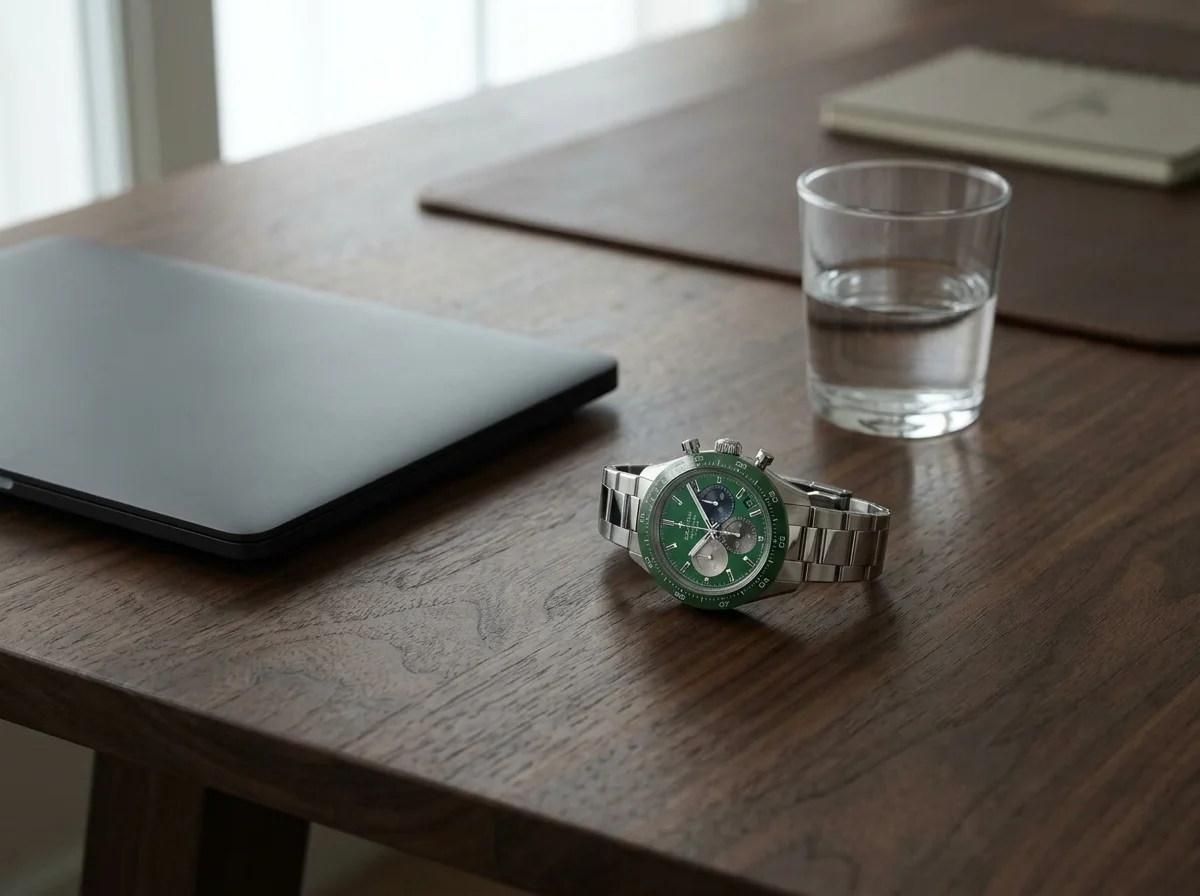 Green-dial Zenith chronograph on a walnut desk beside a closed laptop.