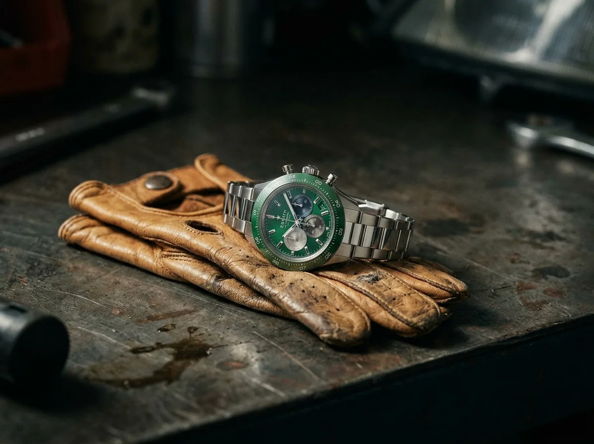 Green-dial Zenith chronograph resting on a tan leather racing driving glove.