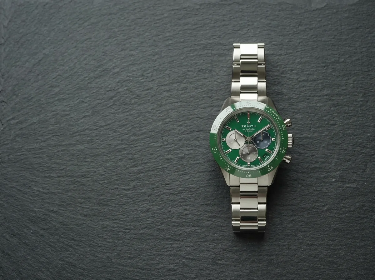 Steel Zenith Chronomaster Sport with green dial and tricolor subdials on dark slate.