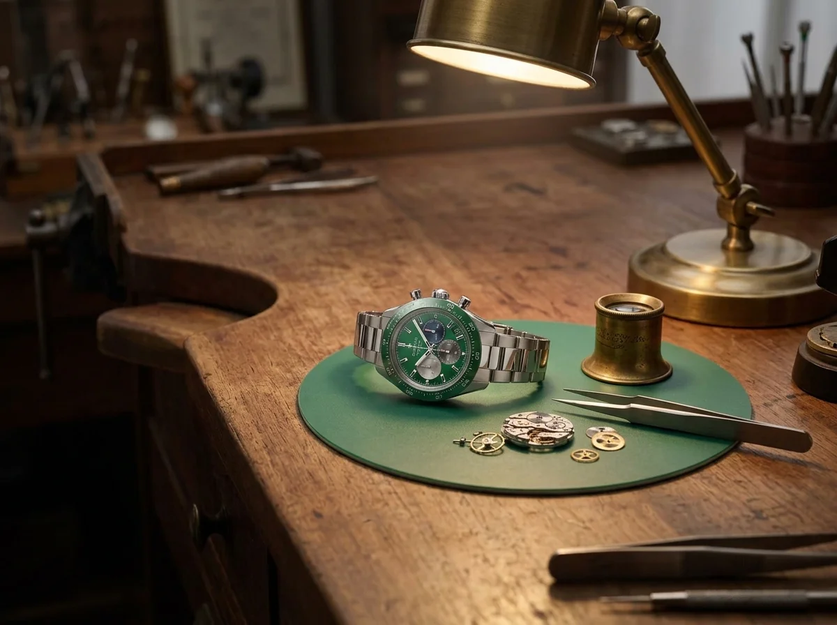 Green-dial Zenith chronograph on a watchmaker's bench with loupe and tools.