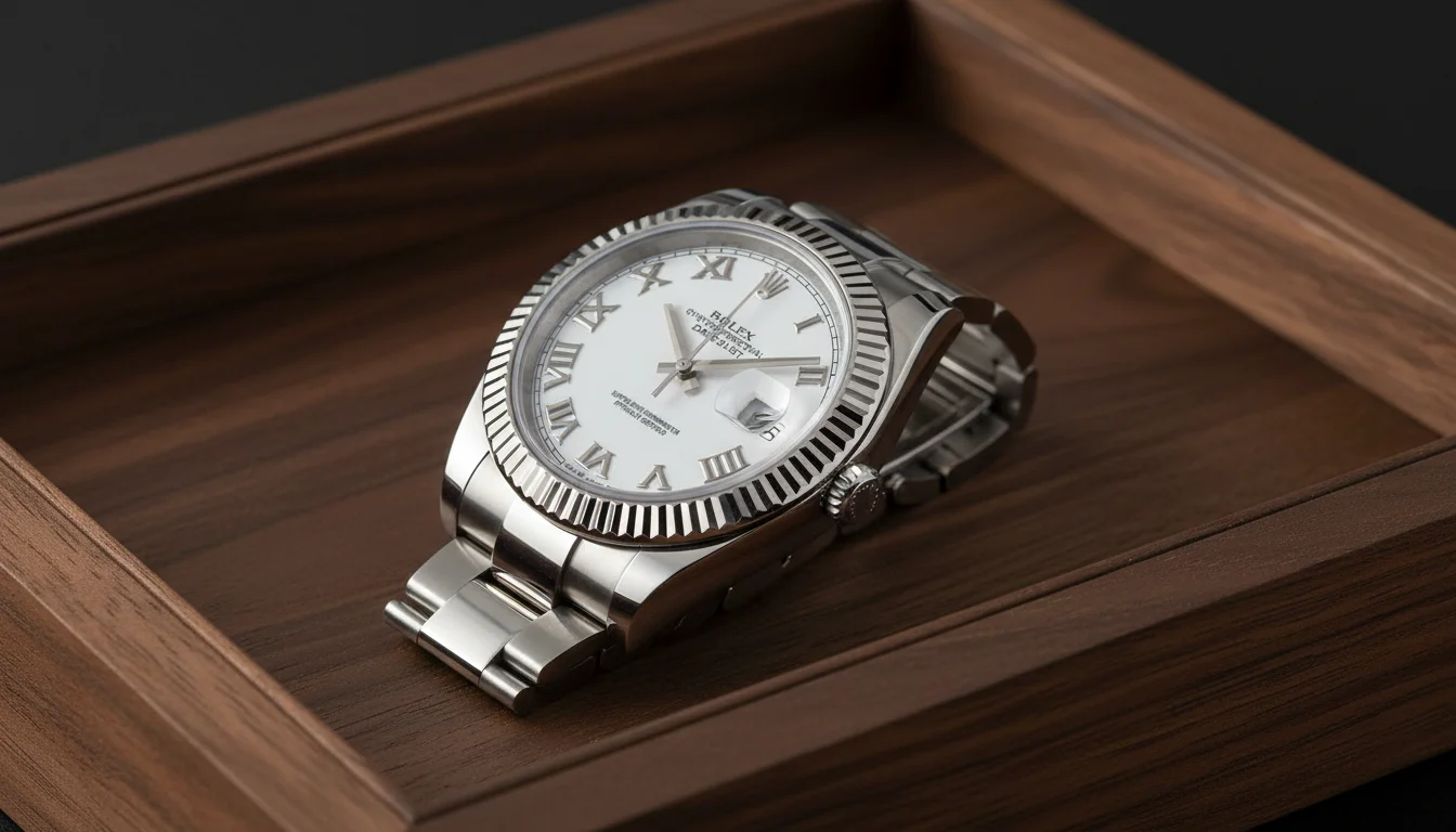 Rolex Datejust 41 ref 126334 in white Rolesor on a walnut tray, a best first luxury watch