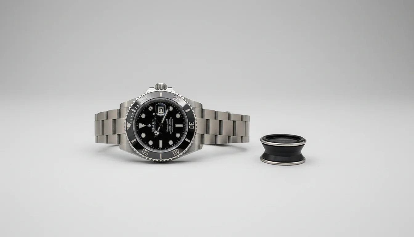Rolex Submariner 126610LN beside a loupe, how to spot a fake Rolex