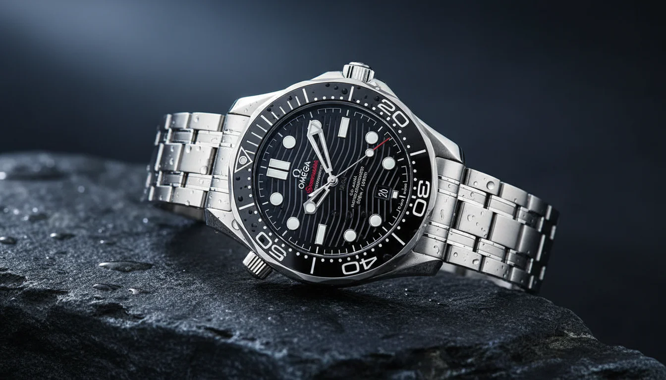 Omega Seamaster Diver 300M with glossy black wave dial and ceramic bezel