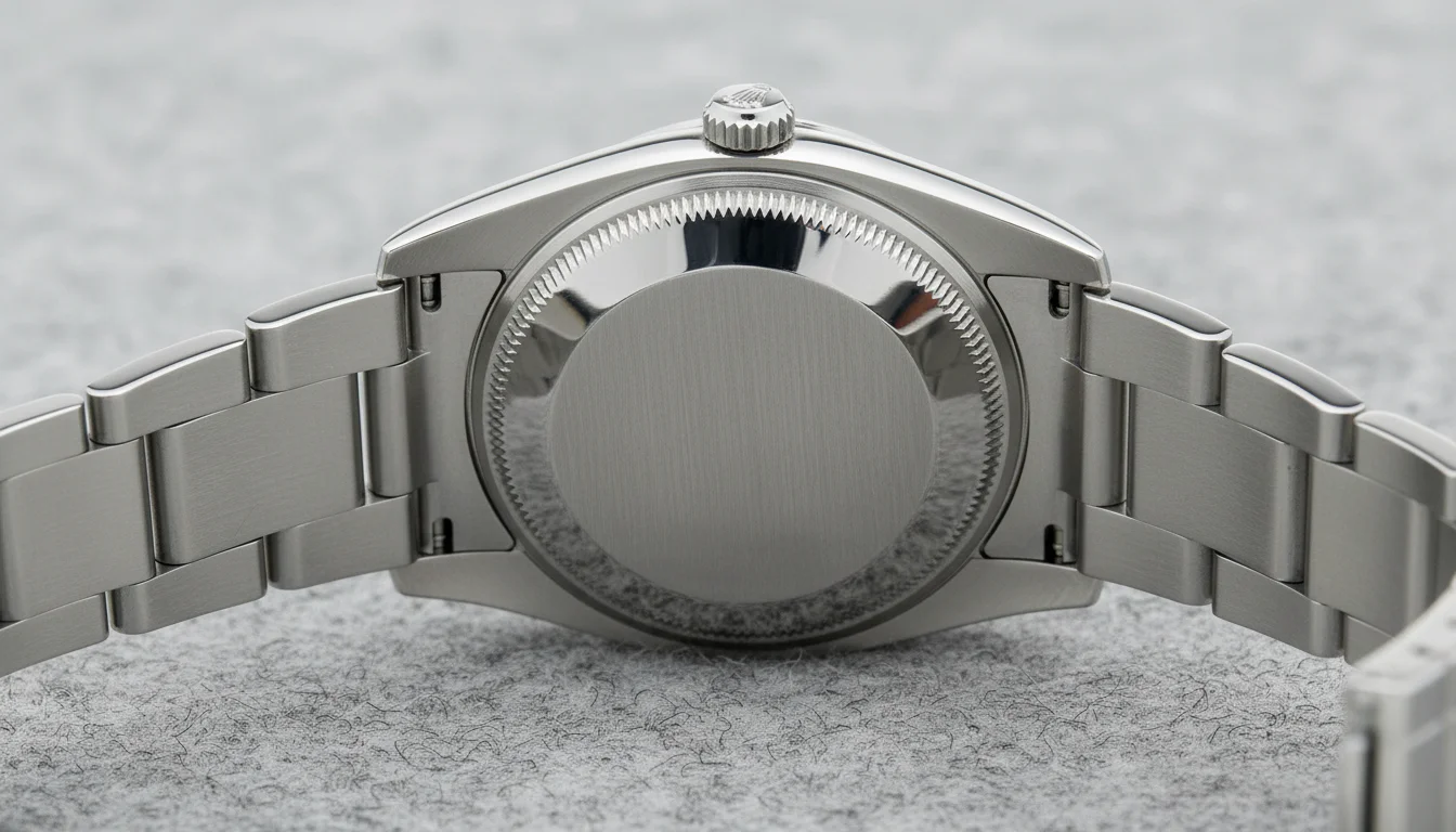 Solid polished steel Rolex Oyster caseback on gray felt