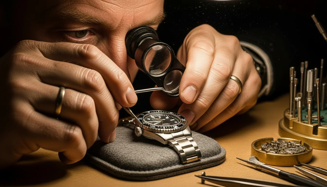 Specialist using a jeweler's loupe to authenticate a Rolex on a felt bench