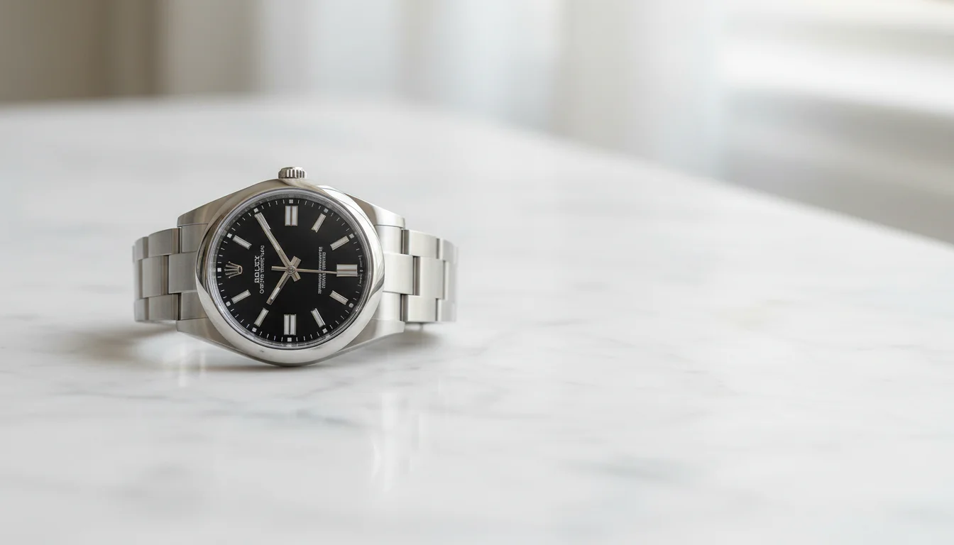 Rolex Oyster Perpetual 41 ref 124300 with glossy black dial on marble