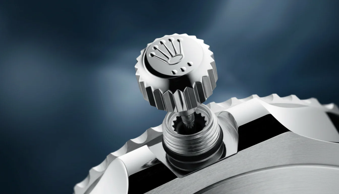 Macro of a Rolex screw-down winding crown and engraved coronet logo