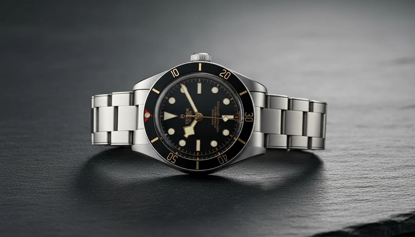 Tudor Black Bay 58 ref 79030N with black dial and snowflake hands on slate